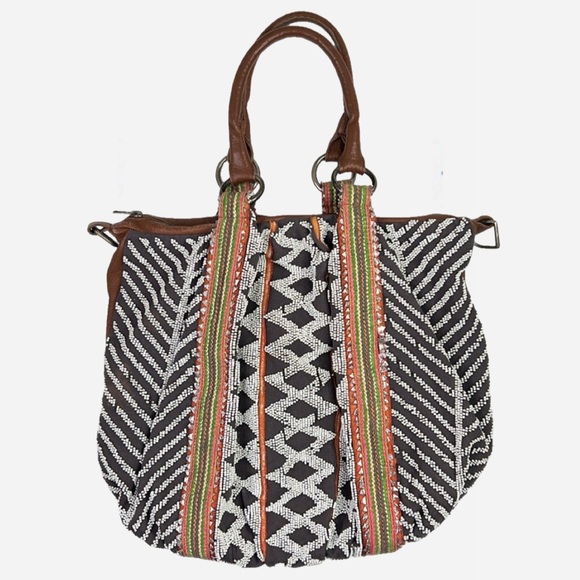 Anthropologie Lucky Penny Beaded Boho Geometry Bag Purse Tote - Picture 4 of 12